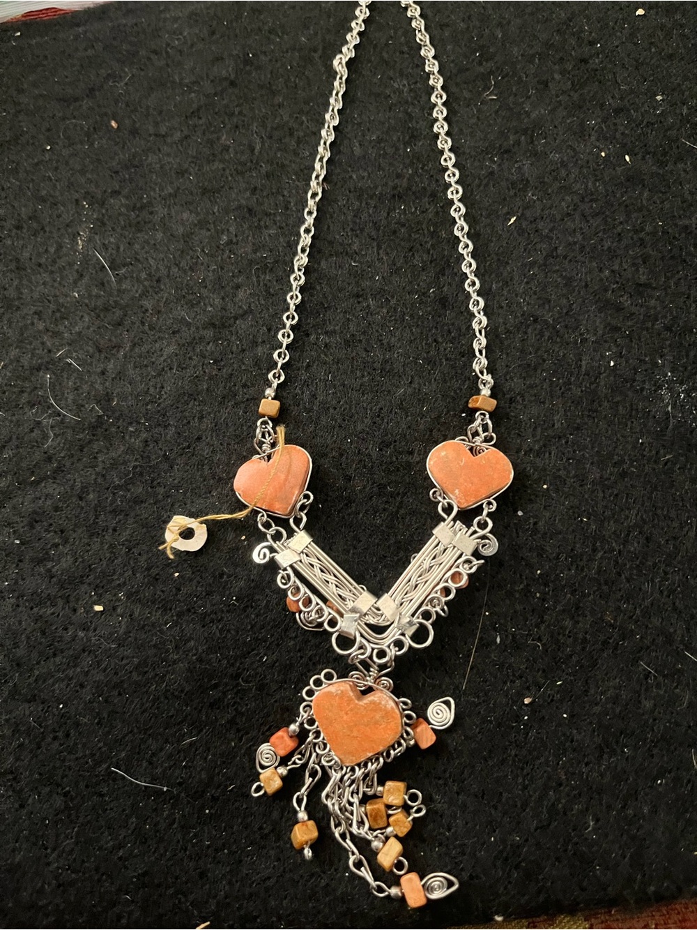 Handcrafted Silver-Tone Necklace with jasper Heart Accents